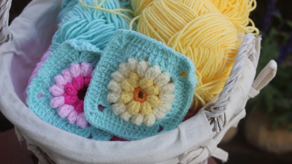 granny squares in a basket