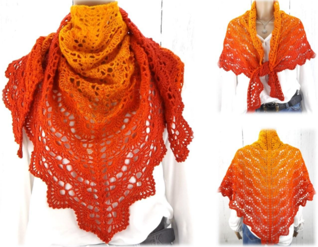 Picture of a crochet shawl in orange and red hues