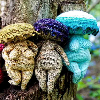 A picture of crochet mushroom ladies.