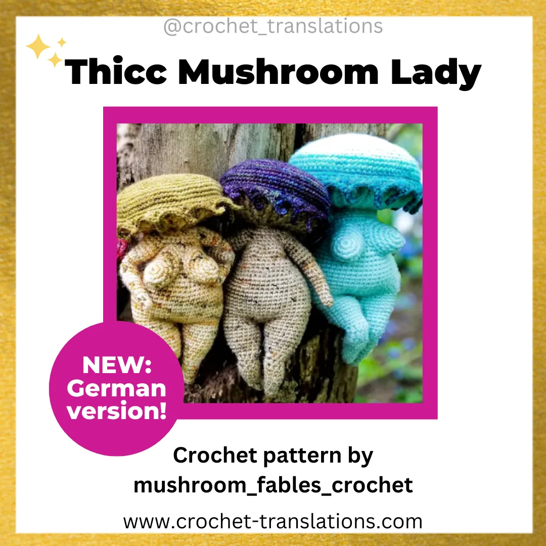 An image showing the Thicc Mushroom Lady crochet pattern by Mushroom Fables Crochet.